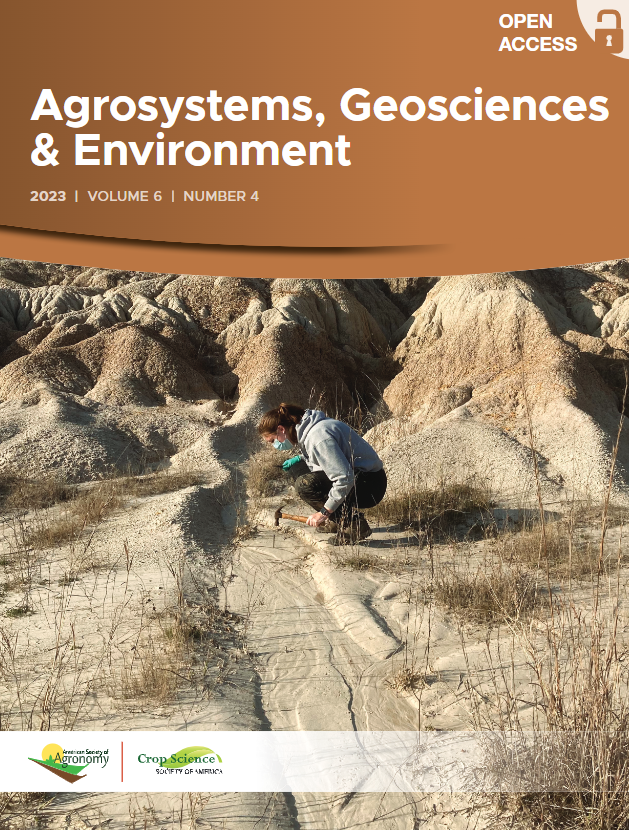 Featured on the December 2023 cover of the Agrosystems, Geosciences & Environment journal, Stephanie DeVilleneuve inserts an erosion pin into a disturbed area experiencing severe sediment erosion and deposition.
