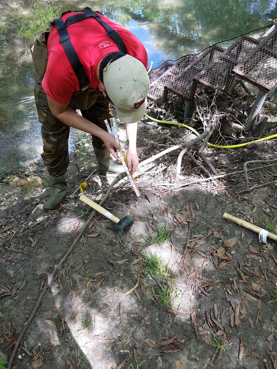 Measuring erosion pins during a quarterly monitoring trip