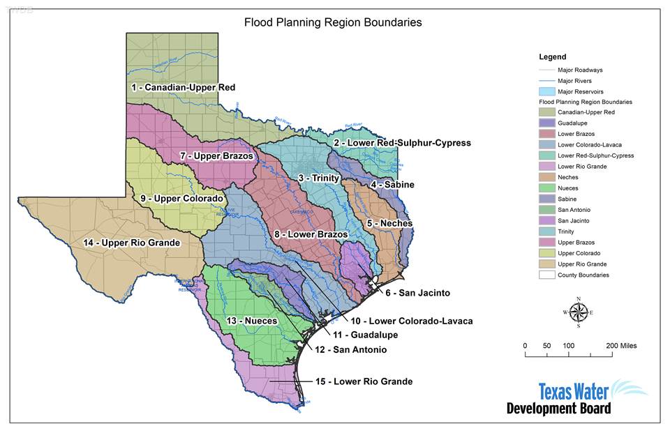 A map of Texas showing the 15 watersheds that will each get its own regional flood planning group.