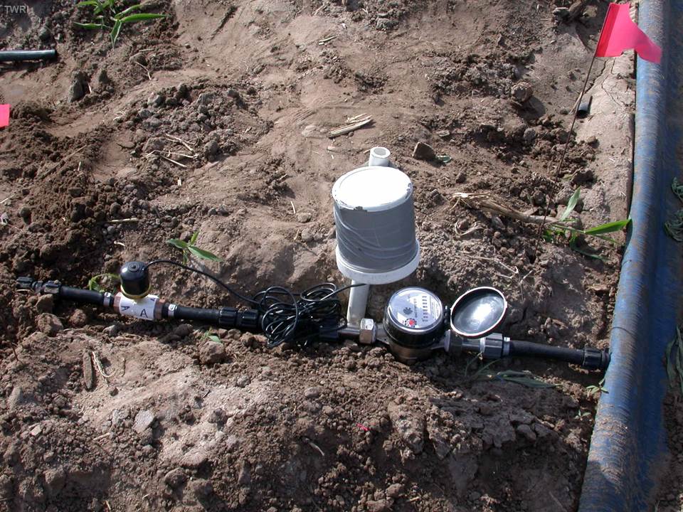 An irrigation water meter logger in a field of onions.