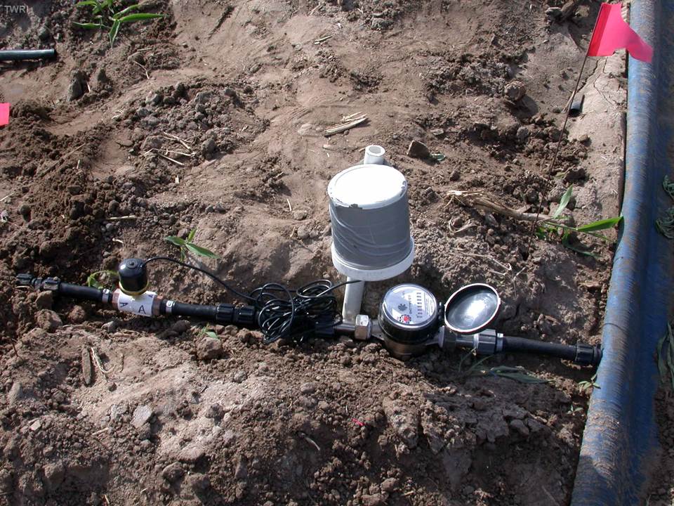 An irrigation water meter logger in a field of onions.