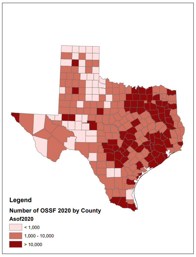 This map was created by the Texas A&M AgriLife Extension OSSF team using and processing data from the 1990 U.S. Census and the TCEQ OARS (On-Site Activity Reporting System) OSSF permits public dataset.