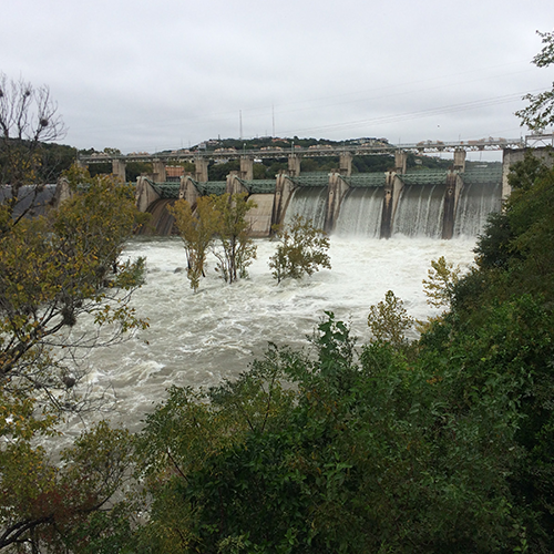 The Tom Miller Dam during a flood in Austin, 2018. Photo by the Texas Water Development Board.
