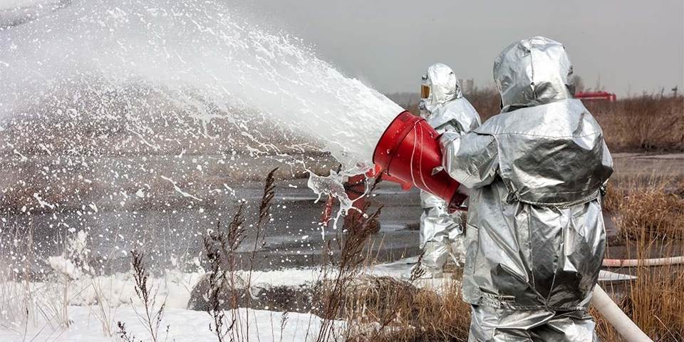 Firefighting with aqueous film forming foam (AFFF). Photo courtesy of the U.S. Fire Administration.