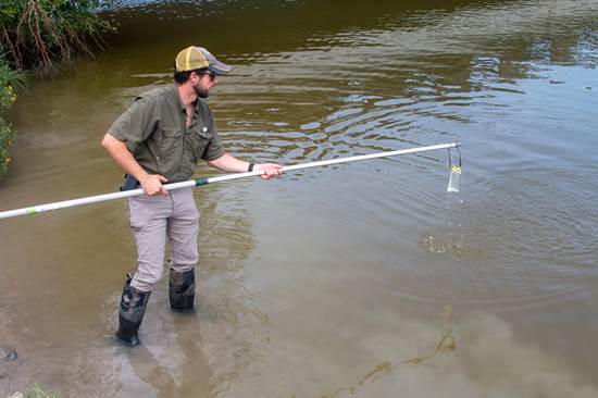 Gerlich taking a water quality sample.